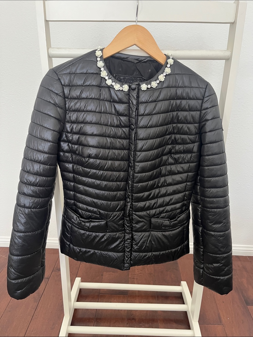MonnaLisa Black Quilted Puffer Jacket with Pearl Collar